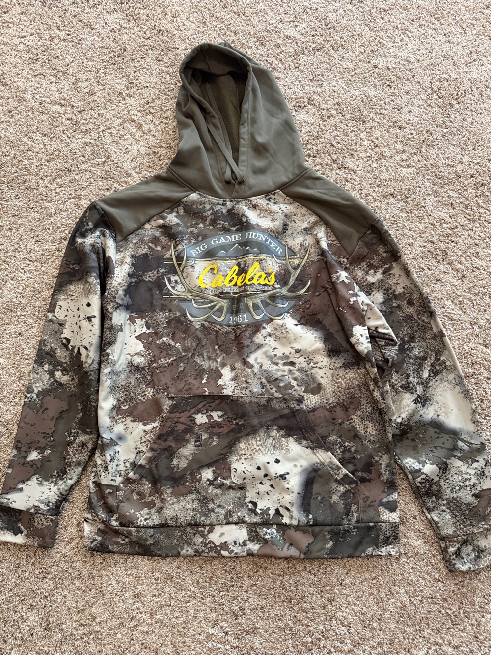 Cabela's Brown Tan Camo Hoodie with Yellow Logo